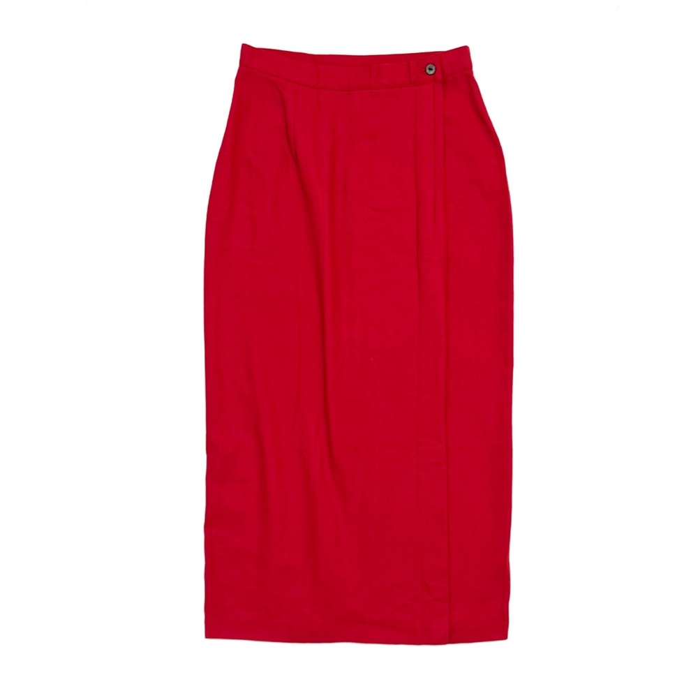 Vintage First Option Red Asymmetric Faux Wrap Slit Poly Rayon Ankle Skirt
